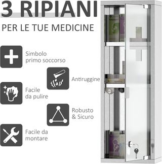 Armadio per medicinali, scatola di medicinali in acciaio con porta in vetro, 3 ripiani e 2 chiavi, 20X12X58Cm