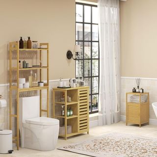 Mueble de Baño en Bambú con Armario de Una Puerta, Mueble Compacto Ahorra Espacio de Listones, 33X36.5X67Cm, Color Madera Natural