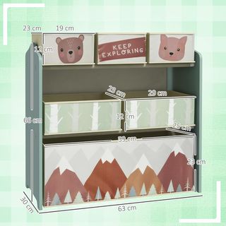 Scaffale per giocattoli per bambini con 6 contenitori rimovibili in tessuto, organizer multiuso per cameretta e sala giochi, 63X30X66 cm, verde