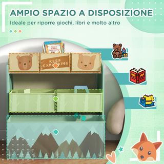Scaffale per giocattoli per bambini con 6 contenitori rimovibili in tessuto, organizer multiuso per cameretta e sala giochi, 63X30X66 cm, verde