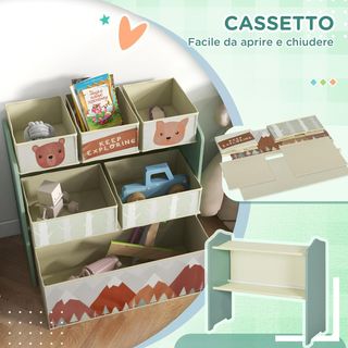 Scaffale per giocattoli per bambini con 6 contenitori rimovibili in tessuto, organizer multiuso per cameretta e sala giochi, 63X30X66 cm, verde