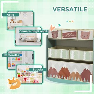 Scaffale per giocattoli per bambini con 6 contenitori rimovibili in tessuto, organizer multiuso per cameretta e sala giochi, 63X30X66 cm, verde