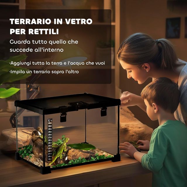 Terrario para Reptiles Elevado Con Cerradura Y Puerta para Alimentación, Terrario para Tortugas Y Serpientes de Vidrio Y Malla Metálica, 30X30X20 Cm, Negro
