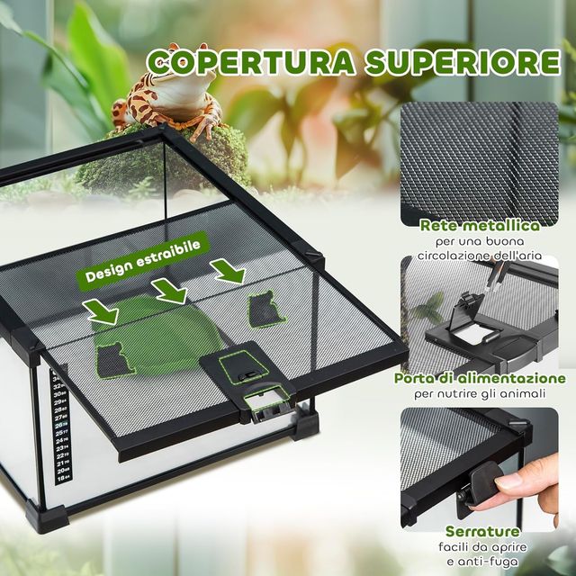 Terrario para Reptiles Elevado Con Cerradura Y Puerta para Alimentación, Terrario para Tortugas Y Serpientes de Vidrio Y Malla Metálica, 30X30X20 Cm, Negro