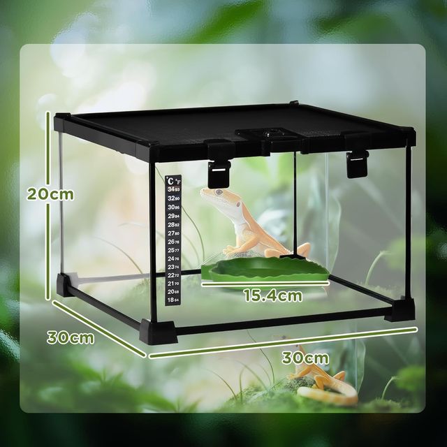 Terrario para Reptiles Elevado Con Cerradura Y Puerta para Alimentación, Terrario para Tortugas Y Serpientes de Vidrio Y Malla Metálica, 30X30X20 Cm, Negro