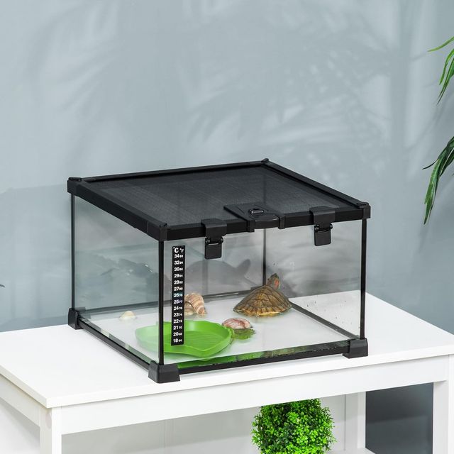 Terrario para Reptiles Elevado Con Cerradura Y Puerta para Alimentación, Terrario para Tortugas Y Serpientes de Vidrio Y Malla Metálica, 30X30X20 Cm, Negro