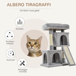Árbol Rascador para Gatos Adultos y Gatitos con Postes de Sisal, Cama y 2 Casitas con Recubrimiento de Piel Sintética, 59X39X81Cm, Gris Claro