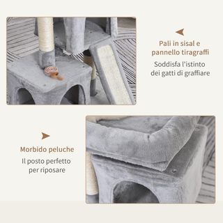 Árbol Rascador para Gatos Adultos y Gatitos con Postes de Sisal, Cama y 2 Casitas con Recubrimiento de Piel Sintética, 59X39X81Cm, Gris Claro