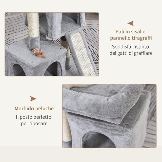 Árbol Rascador para Gatos Adultos y Gatitos con Postes de Sisal, Cama y 2 Casitas con Recubrimiento de Piel Sintética, 59X39X81Cm, Gris Claro