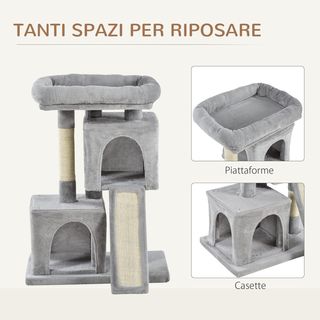 Árbol Rascador para Gatos Adultos y Gatitos con Postes de Sisal, Cama y 2 Casitas con Recubrimiento de Piel Sintética, 59X39X81Cm, Gris Claro