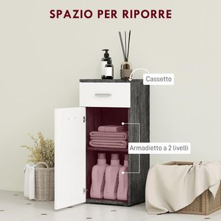 Mueble de Baño con Cajón y Armario de Una Puerta, Mueble de Baño Ahorra Espacio en Madera, Armario para Comedor, Sala de Estar, Cocina, 35X30X77.5 Cm, Blanco y Negro