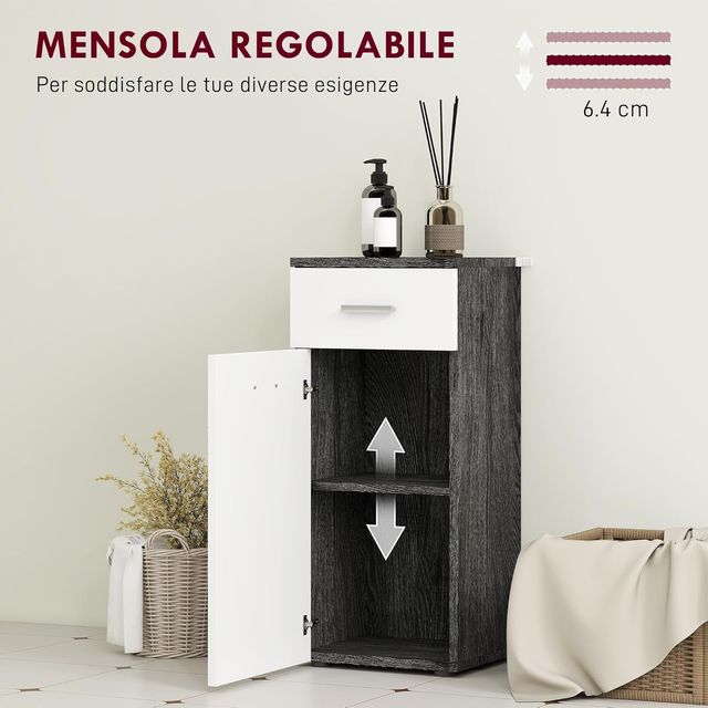 Mueble de Baño con Cajón y Armario de Una Puerta, Mueble de Baño Ahorra Espacio en Madera, Armario para Comedor, Sala de Estar, Cocina, 35X30X77.5 Cm, Blanco y Negro