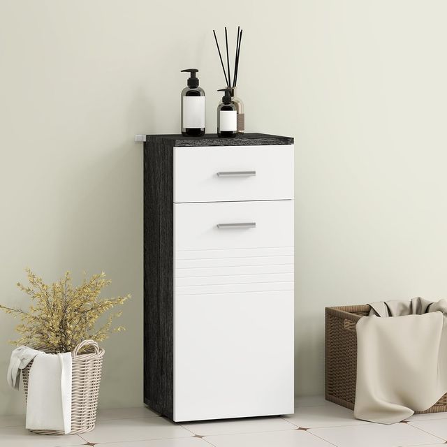Mueble de Baño con Cajón y Armario de Una Puerta, Mueble de Baño Ahorra Espacio en Madera, Armario para Comedor, Sala de Estar, Cocina, 35X30X77.5 Cm, Blanco y Negro