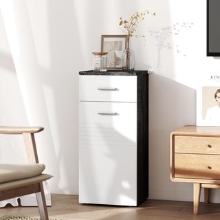 Mueble de Baño con Cajón y Armario de Una Puerta, Mueble de Baño Ahorra Espacio en Madera, Armario para Comedor, Sala de Estar, Cocina, 35X30X77.5 Cm, Blanco y Negro