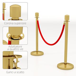 Colonne di segnalazione con corda di velluto da 1,5 m e base riempibile, pali delimitatori in acciaio inossidabile, Ø32X96 cm, oro e rosso