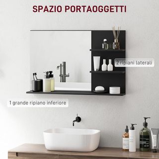 Specchio da bagno moderno con 2 ripiani laterali e ripiano inferiore, specchio a parete in MDF e vetro, 75X10X48 cm, nero