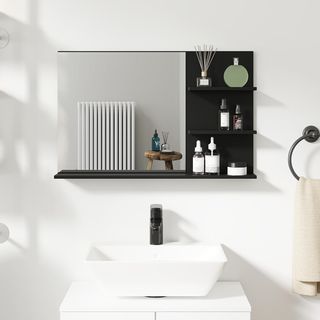 Specchio da bagno moderno con 2 ripiani laterali e ripiano inferiore, specchio a parete in MDF e vetro, 75X10X48 cm, nero