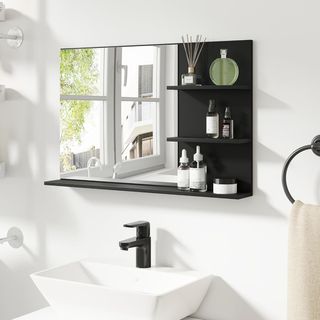 Specchio da bagno moderno con 2 ripiani laterali e ripiano inferiore, specchio a parete in MDF e vetro, 75X10X48 cm, nero