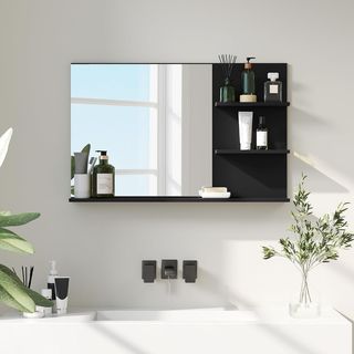 Specchio da bagno moderno con 2 ripiani laterali e ripiano inferiore, specchio a parete in MDF e vetro, 75X10X48 cm, nero