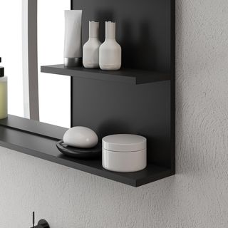 Specchio da bagno moderno con 2 ripiani laterali e ripiano inferiore, specchio a parete in MDF e vetro, 75X10X48 cm, nero