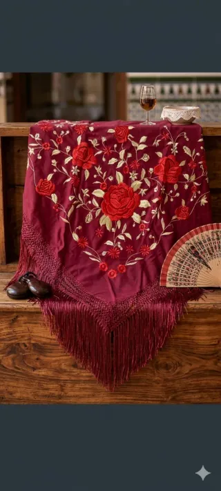 Manton bordado flores rojas y doradas
