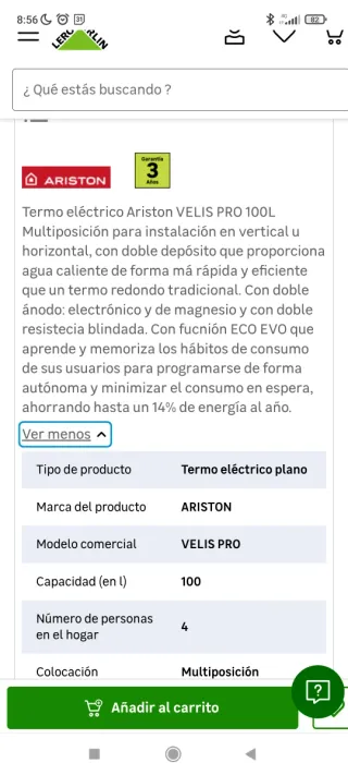 Termo eléctrico Ariston Velis Pro 100L Blanco