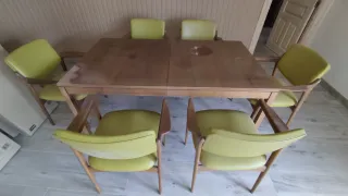 Mesa y 6 Sillas Comedor Madera y Tela