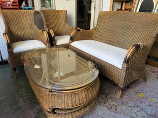 Conjunto Jardín Mimbre Mesa Cristal