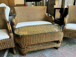 Conjunto Jardín Mimbre Mesa Cristal