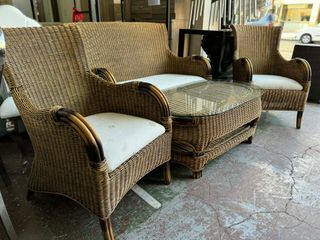 Conjunto Jardín Mimbre Mesa Cristal