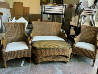 Conjunto Jardín Mimbre Mesa Cristal