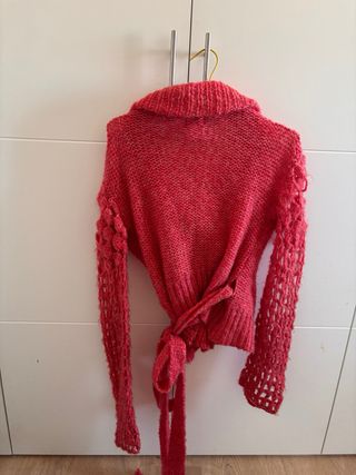 Chaqueta lana coral/rosa, cuello esmoquin cinto