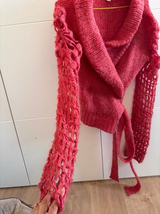 Chaqueta lana coral/rosa, cuello esmoquin cinto