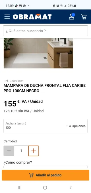 Mampara ducha Caribe Pro Frontal hoja fija 100 cm
