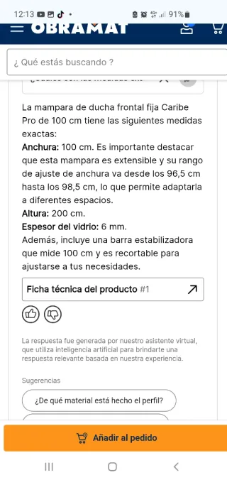 Mampara ducha Caribe Pro Frontal hoja fija 100 cm