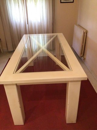 Comedor de madera con tapa de cristal con 6 sillas