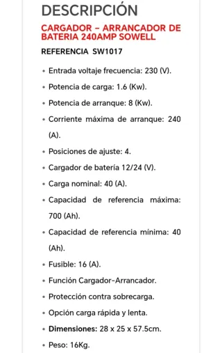 Cargador y Arrancador Baterías Sowell SW1017