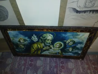 Cuadro antiguo de San José y Niño con Ángeles