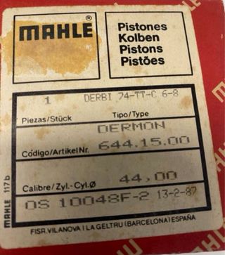 Pistón Mahle 43.96 para Derbi 74 TT
