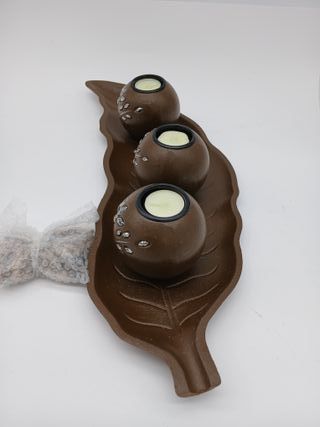 Set Portacandele con Vassoio e Pietre Decorative, 50,5 cm di Lunghezza, 3 Candele, Decorazione da Tavolo, Marrone