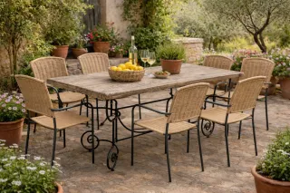 Mesa y 6 Sillas Jardín Ratán y Metal