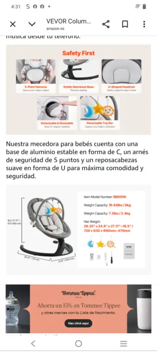 Columpio para bebé VEVOR gris