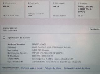 Ordenador i9-10900 16GB DDR4 GTX1650 Super 1TB SSD