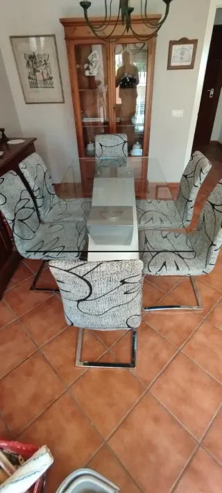 Mesa cristal moderna y 6 sillas