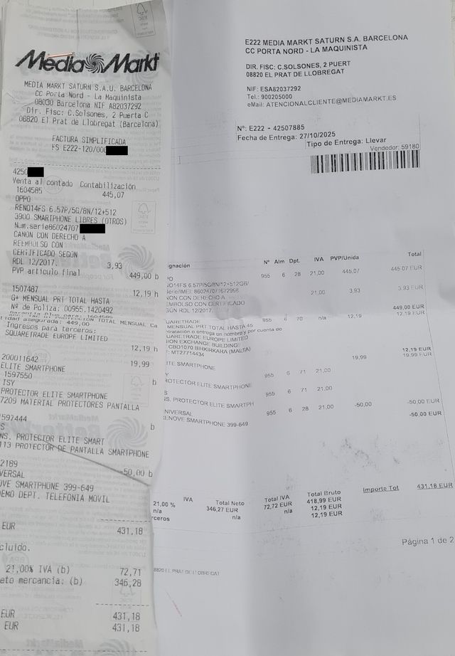 OPPO Reno14FS 5G 512GB 12GB Verde CPH2743 Factura