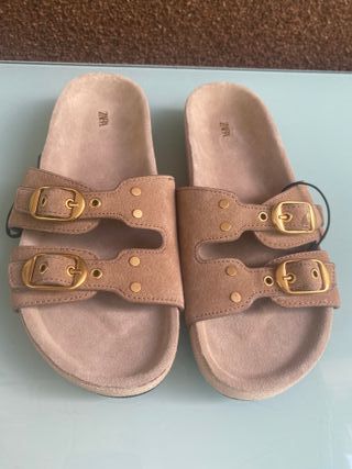Hermosas Sandalias Zara Piel Ante Hebillas Doradas