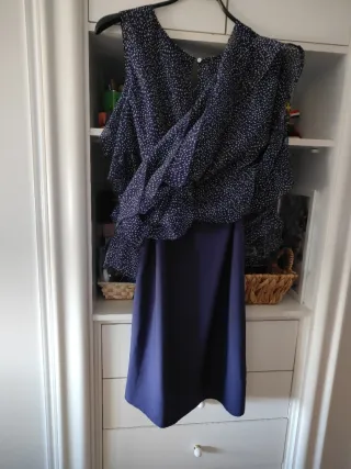 Vestido volantes gasa azul con lunares blancos