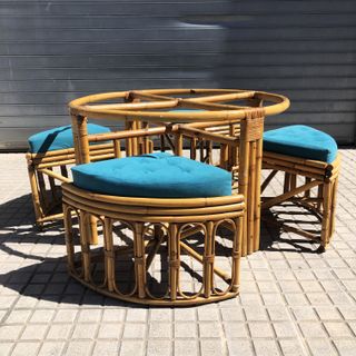 Mesa centro bambú Midcentury con 4 taburetes