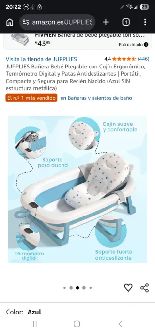 Bañera Bebé Plegable con Cojín Azul