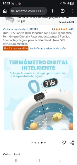 Bañera Bebé Plegable con Cojín Azul
